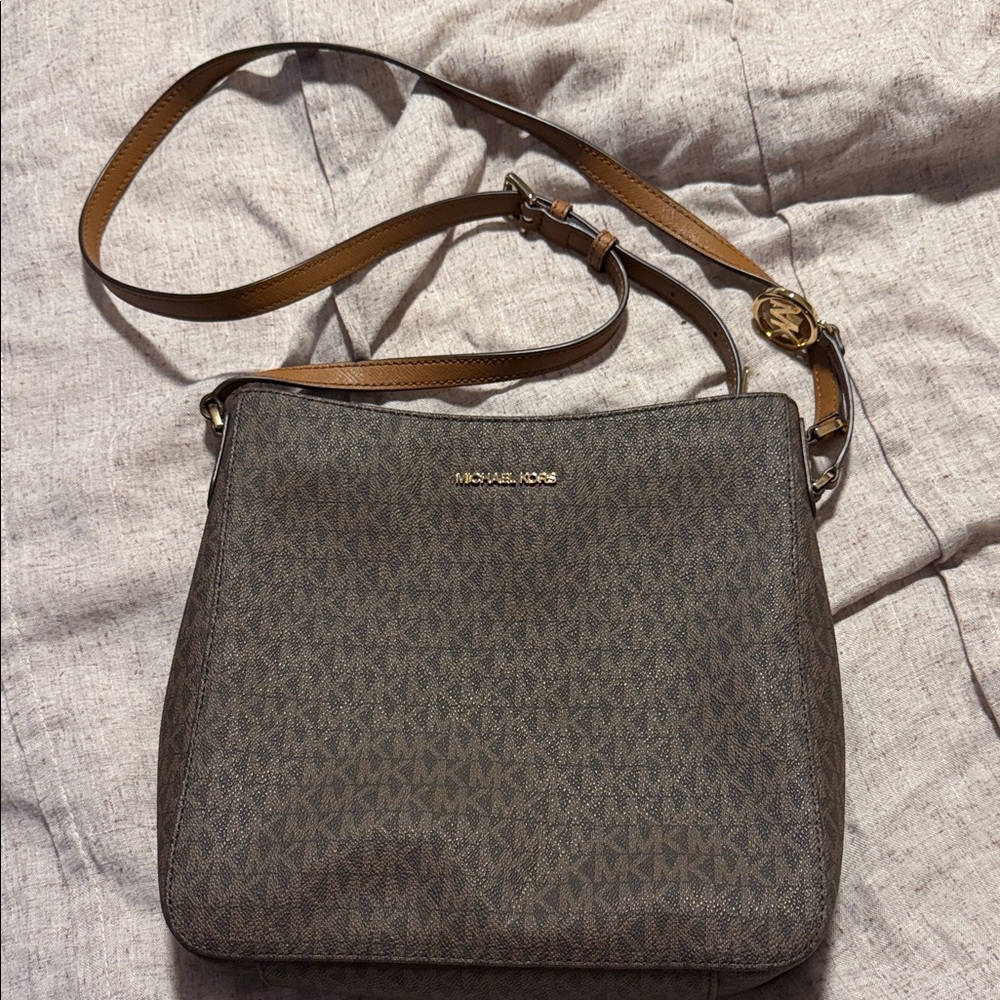 Michael Kors Brown Monogram Crossbody Bag with Gold Hardware